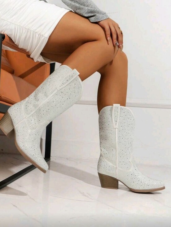Shoes - Black/White Rhinestone Western Boots For Women, Mid Calf Chunky Heel Pointed Toe